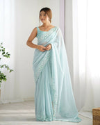 Georgette Designer Sequance Embroidery Work Party Wear Saree - Sky Blue