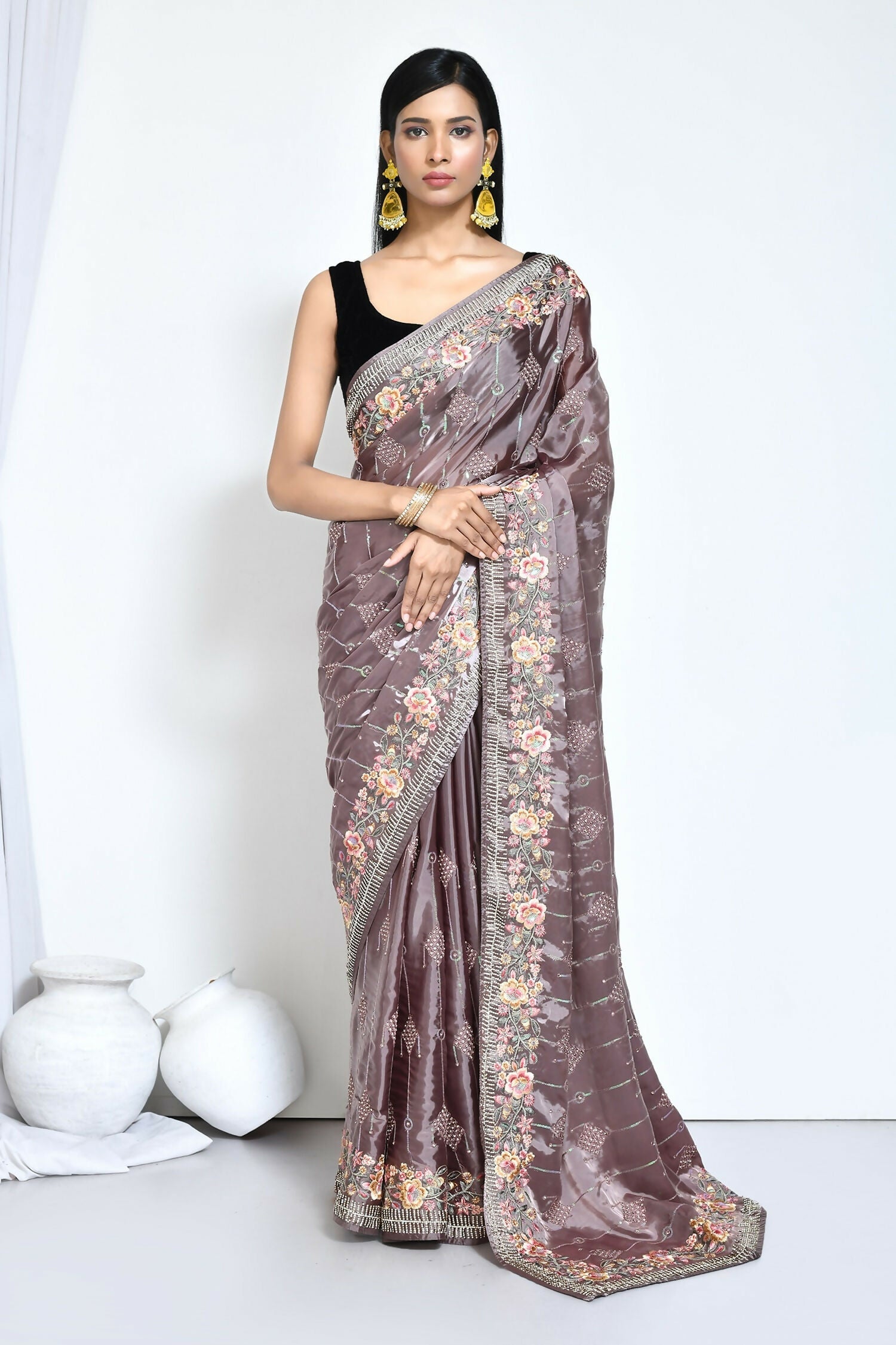 Purple Satin Silk Sequence Embroidered with Stone work Saree - Nimaya Benzy