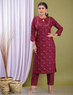 Vamika Foil Print Rayon Wine Red Party Wear/Casual Wear Kurta Set/Suit - Distacart