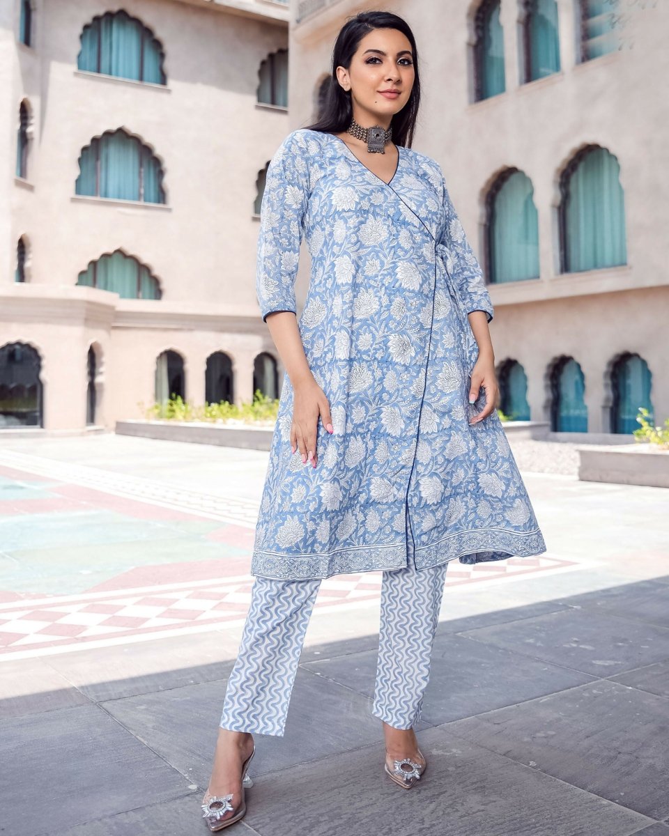 Aayaa Pure Muslin printed Kurti & Pant - Sky blue