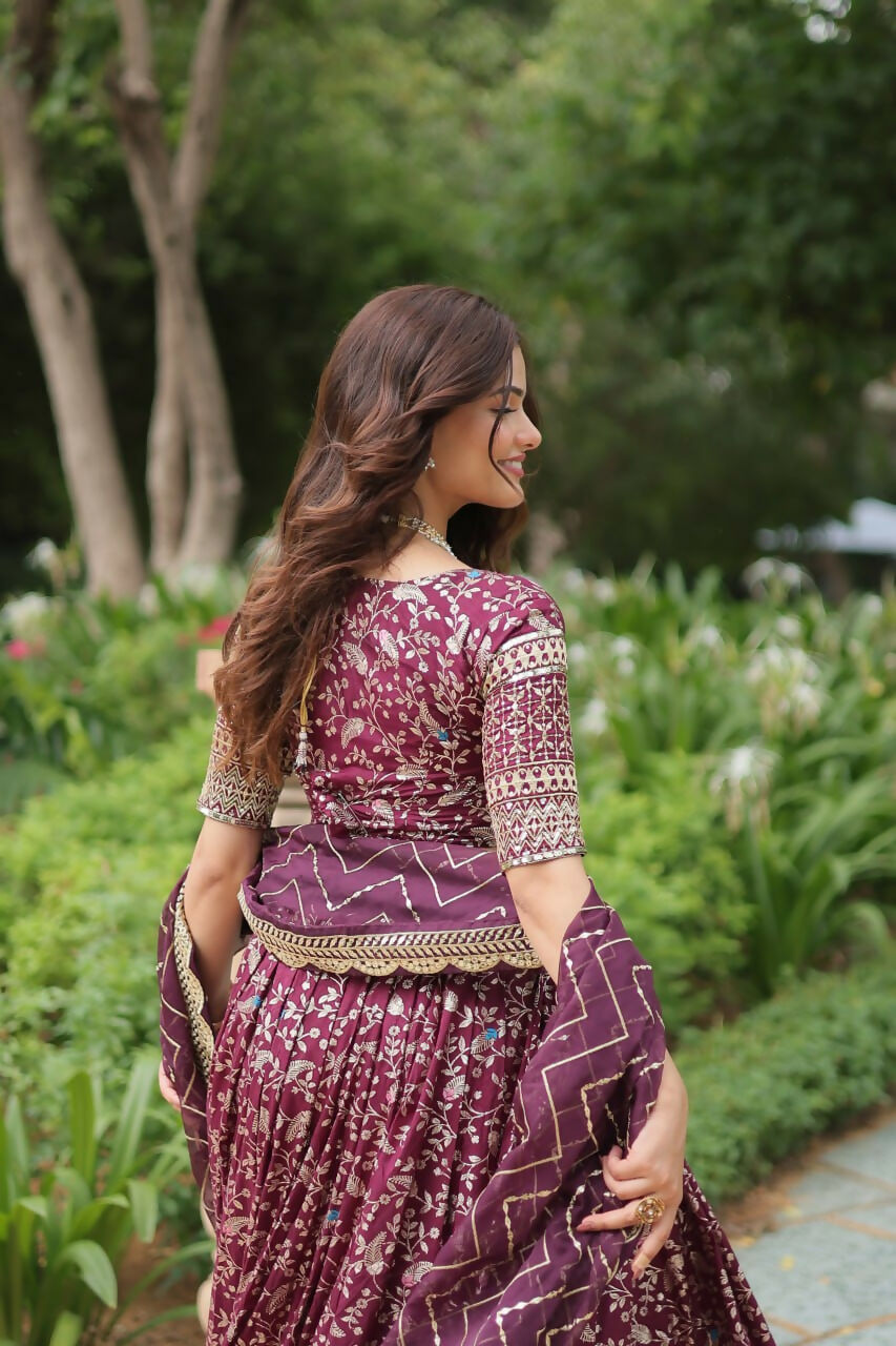 Lorenvalley Wine Pure Viscose Jacquard with Golden Embroidered Sequins work Lehenga Choli