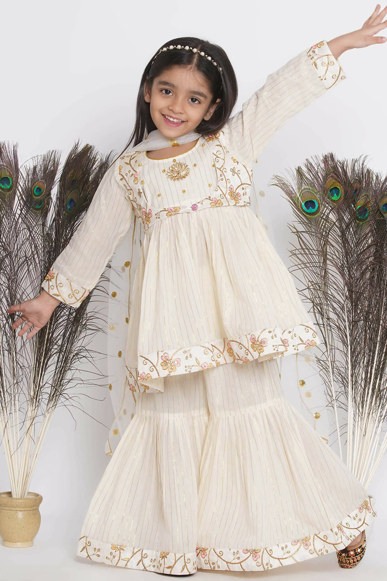 Little Bansi Floral Embroidery Jacket With Cotton Lurex Frock Sharara And Dupatta With Ghungroo Handwork - Cream