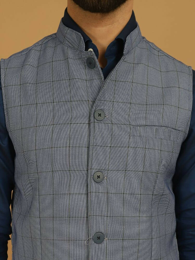 Even Apparels Nehru Jacket With Welt Pockets - Blue