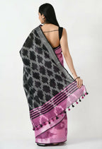 Mominos Fashion Moeza Pink & Black Bhagalpuri Handloom Ikat Pure Cotton Saree with unstitched Blouse piece - Distacart