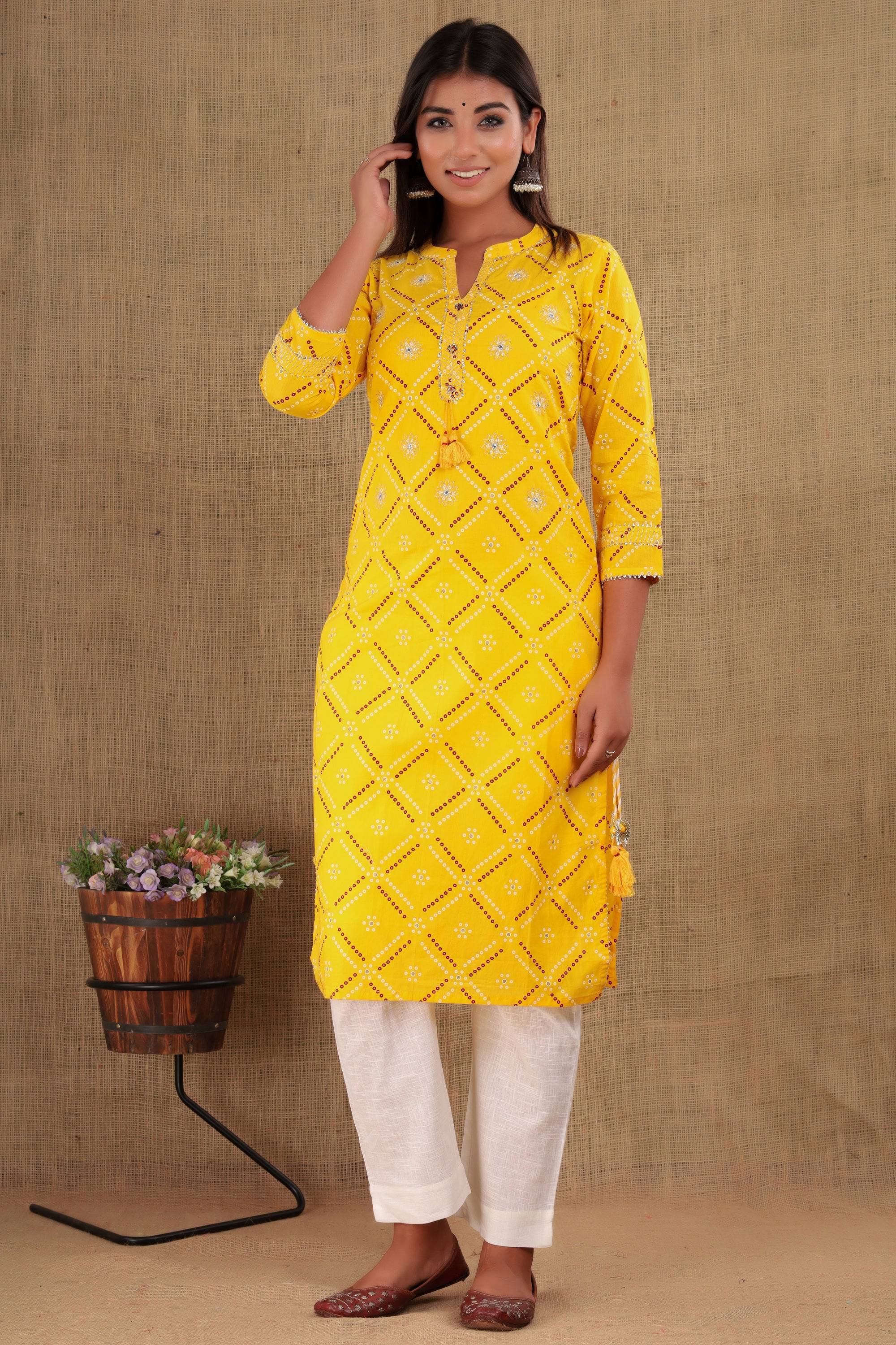 Kaajh Women's Yellow Bandhej Print Kurta Pant Set - Distacart