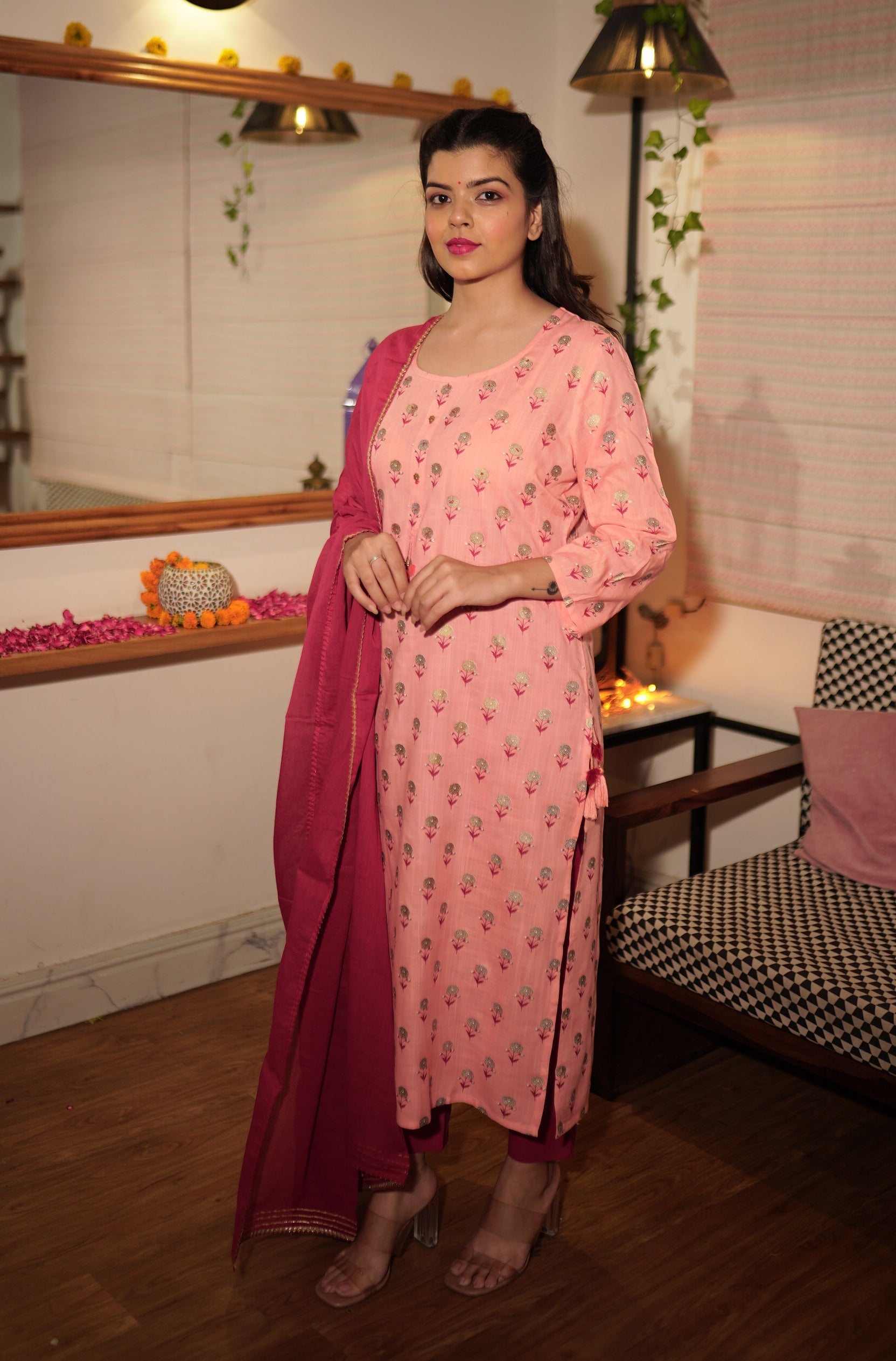 Kaajh Women's Pink Floral Gold Print Suit Set - Distacart