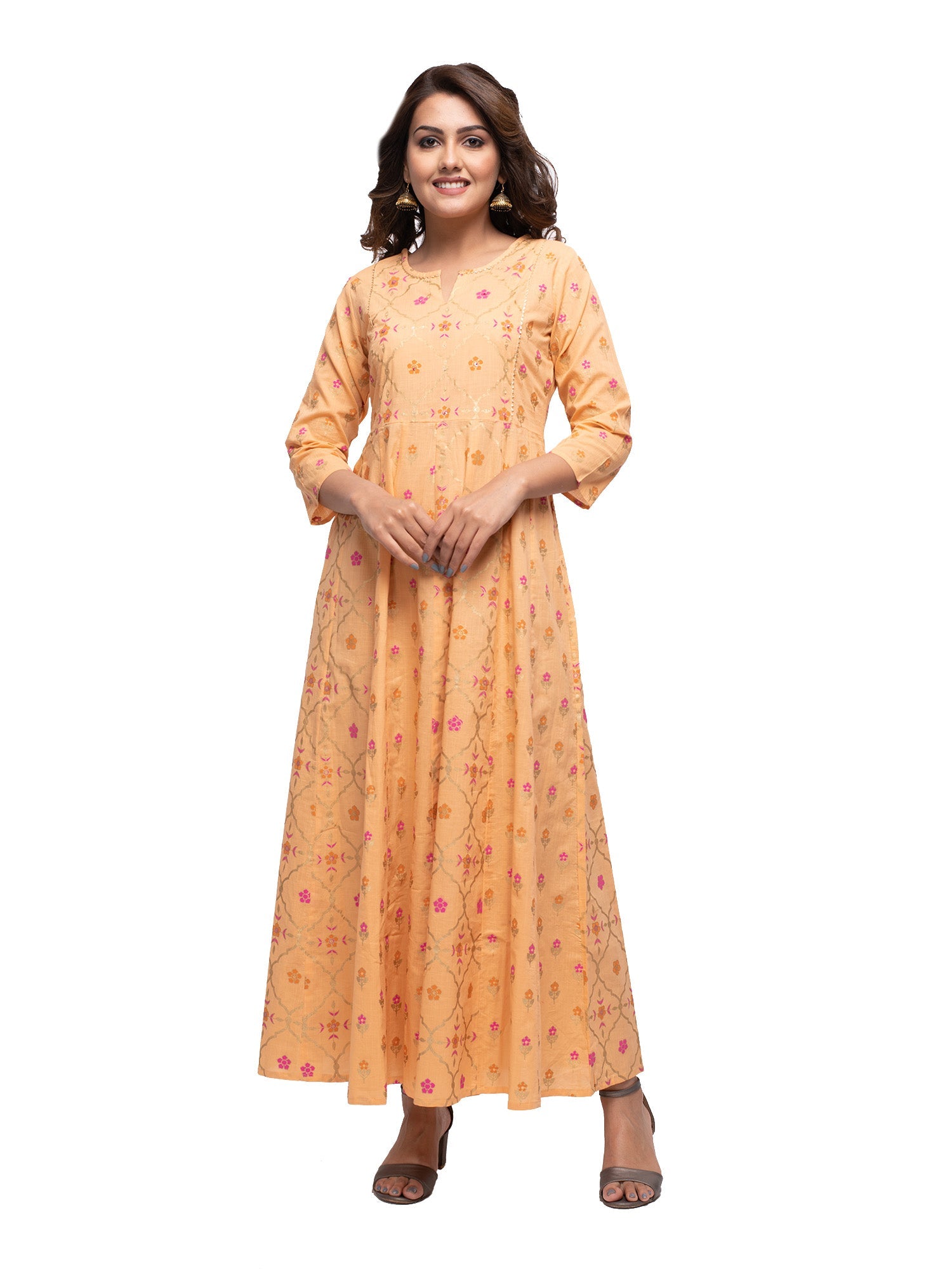 Kaajh Women's Orange Gold Print kurta - Distacart