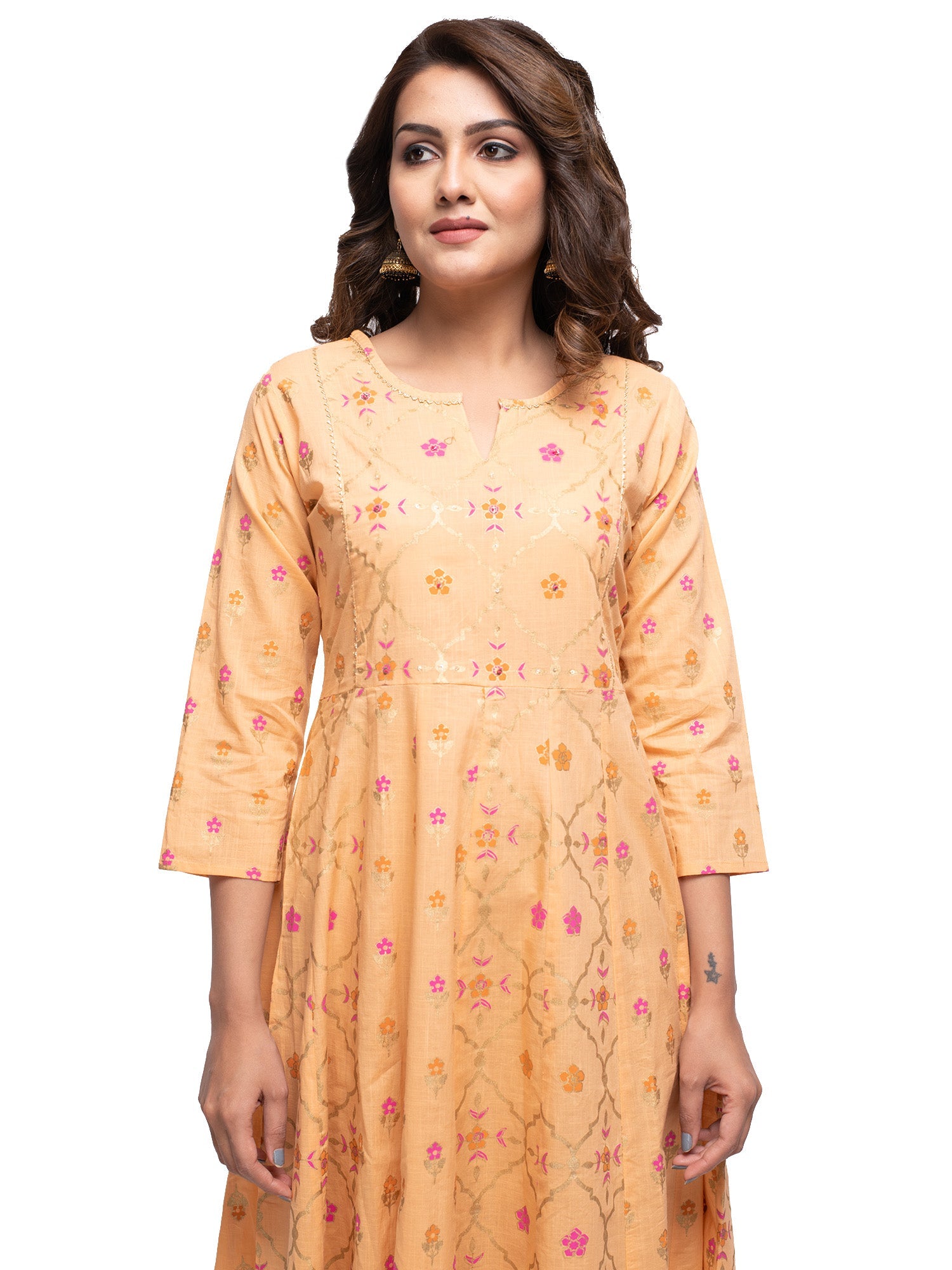 Kaajh Women's Orange Gold Print kurta - Distacart