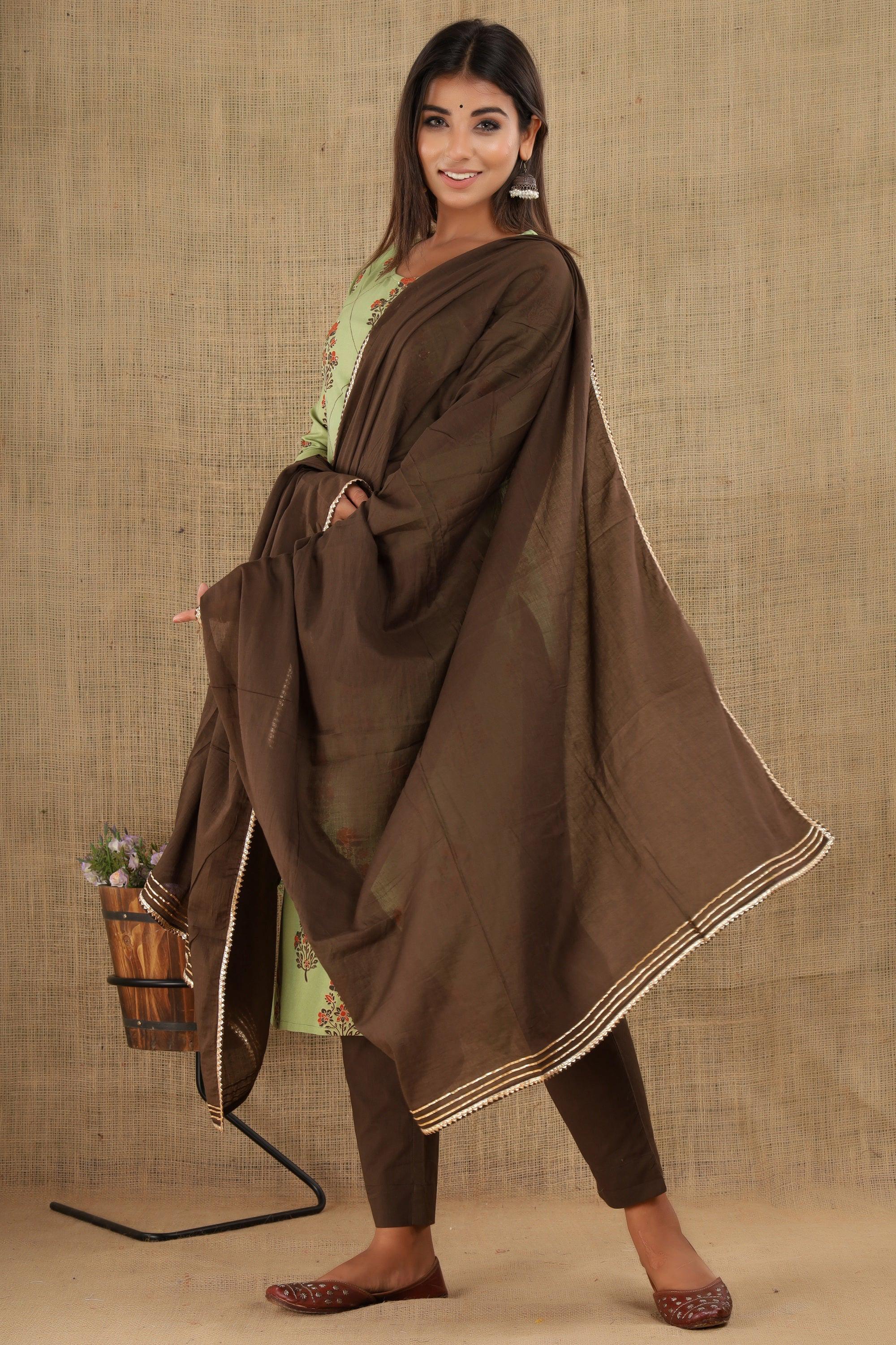 Kaajh Women's Green Brown Floral Print Suit Set - Distacart