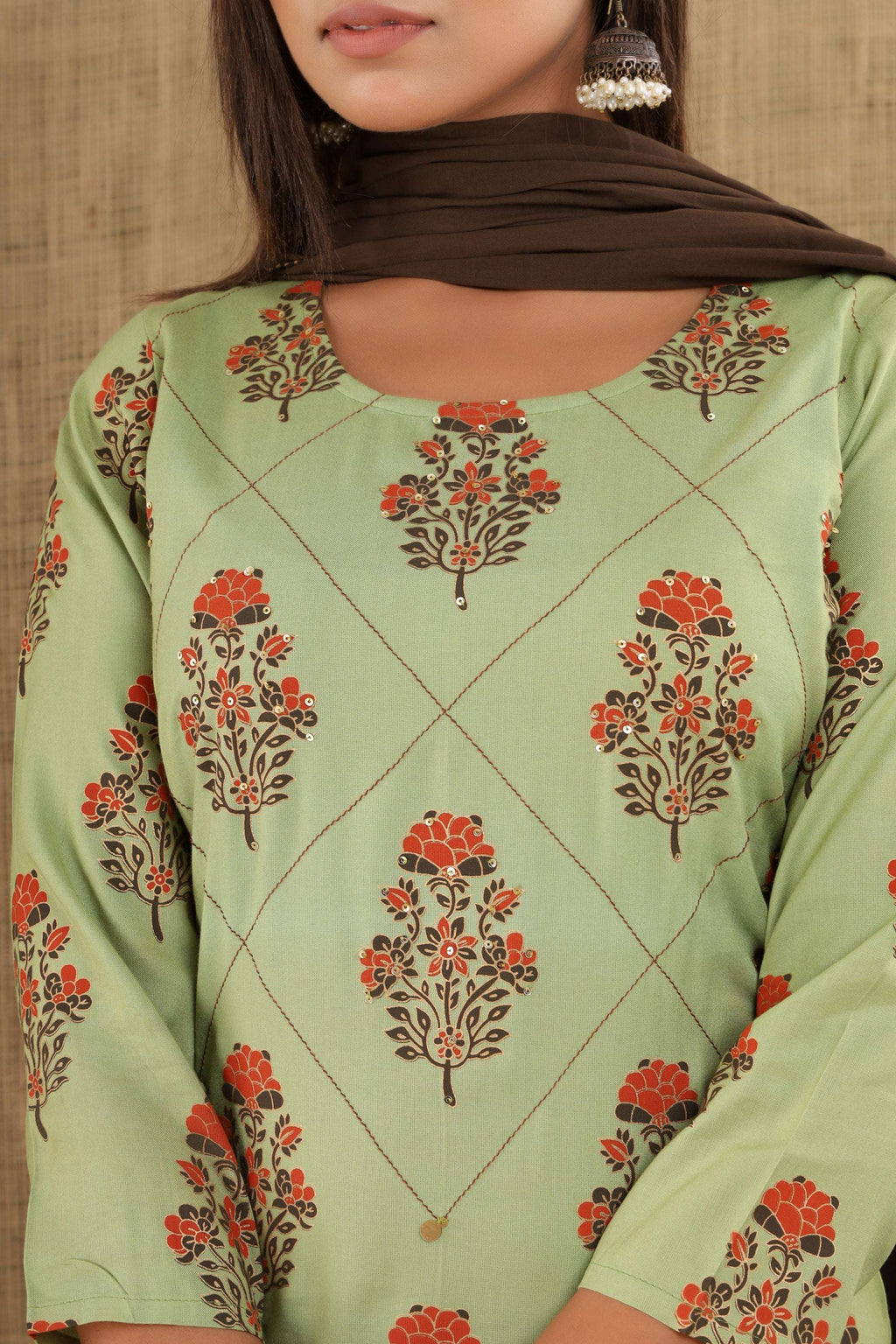 Kaajh Women's Green Brown Floral Print Suit Set - Distacart