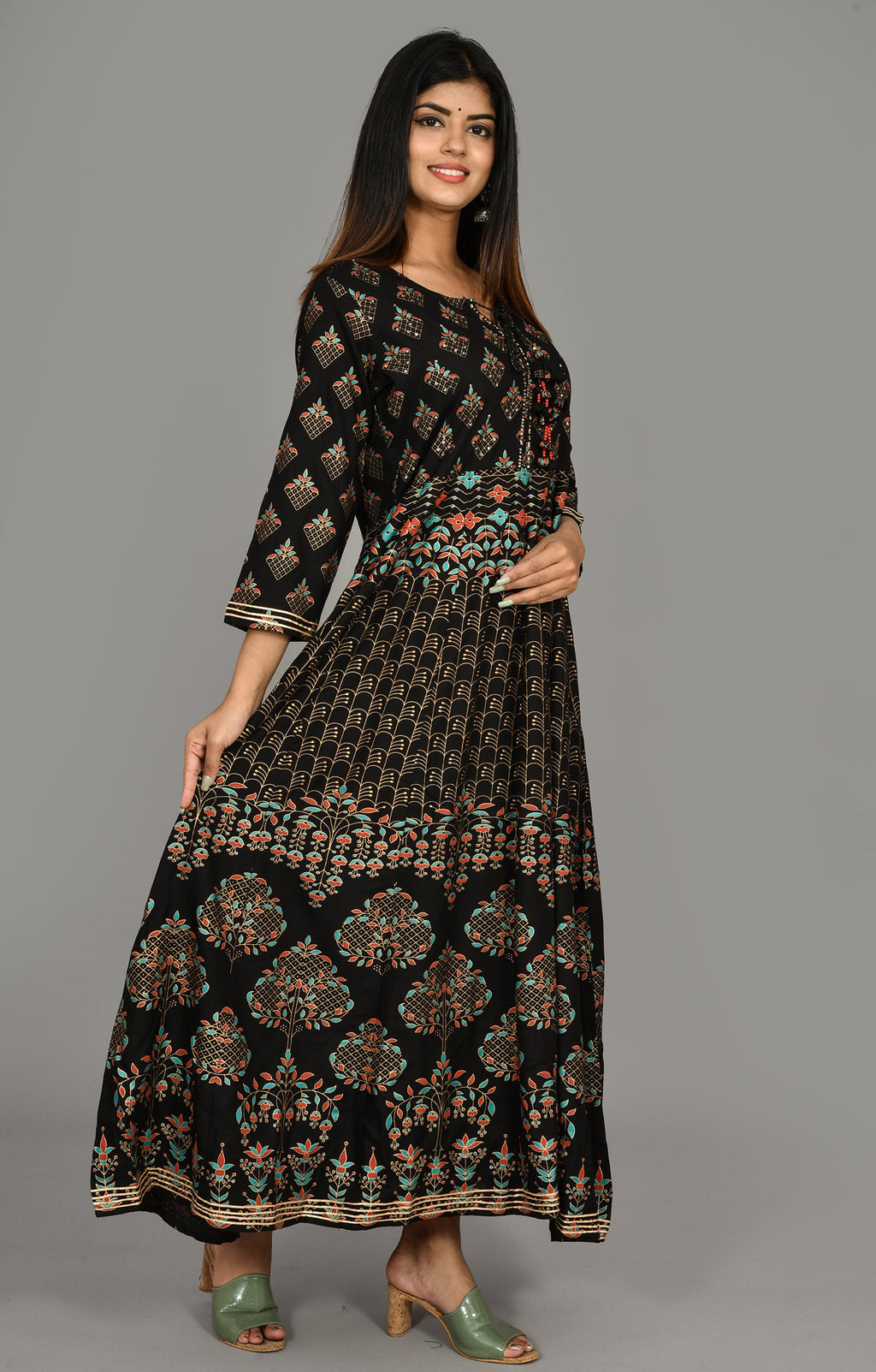 Kaajh Women's Black Gold Print Anarkali kurta - Distacart