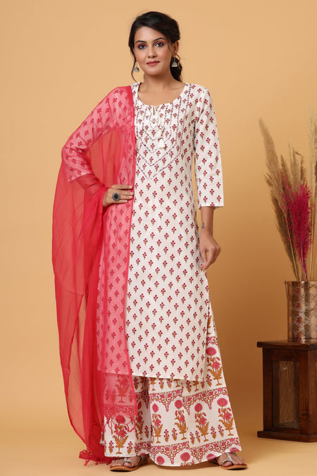Kaajh Women's White Red Floral Print Suit Set