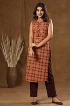 Kaajh Women's Brown Sleeveless Printed Kurta Pant Set - Distacart