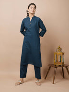 Kaajh Women's Navy Blue Solid Cotton Kurta Pant Set - Distacart