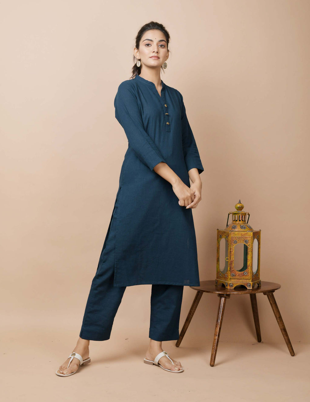 Kaajh Women's Navy Blue Solid Cotton Kurta Pant Set - Distacart