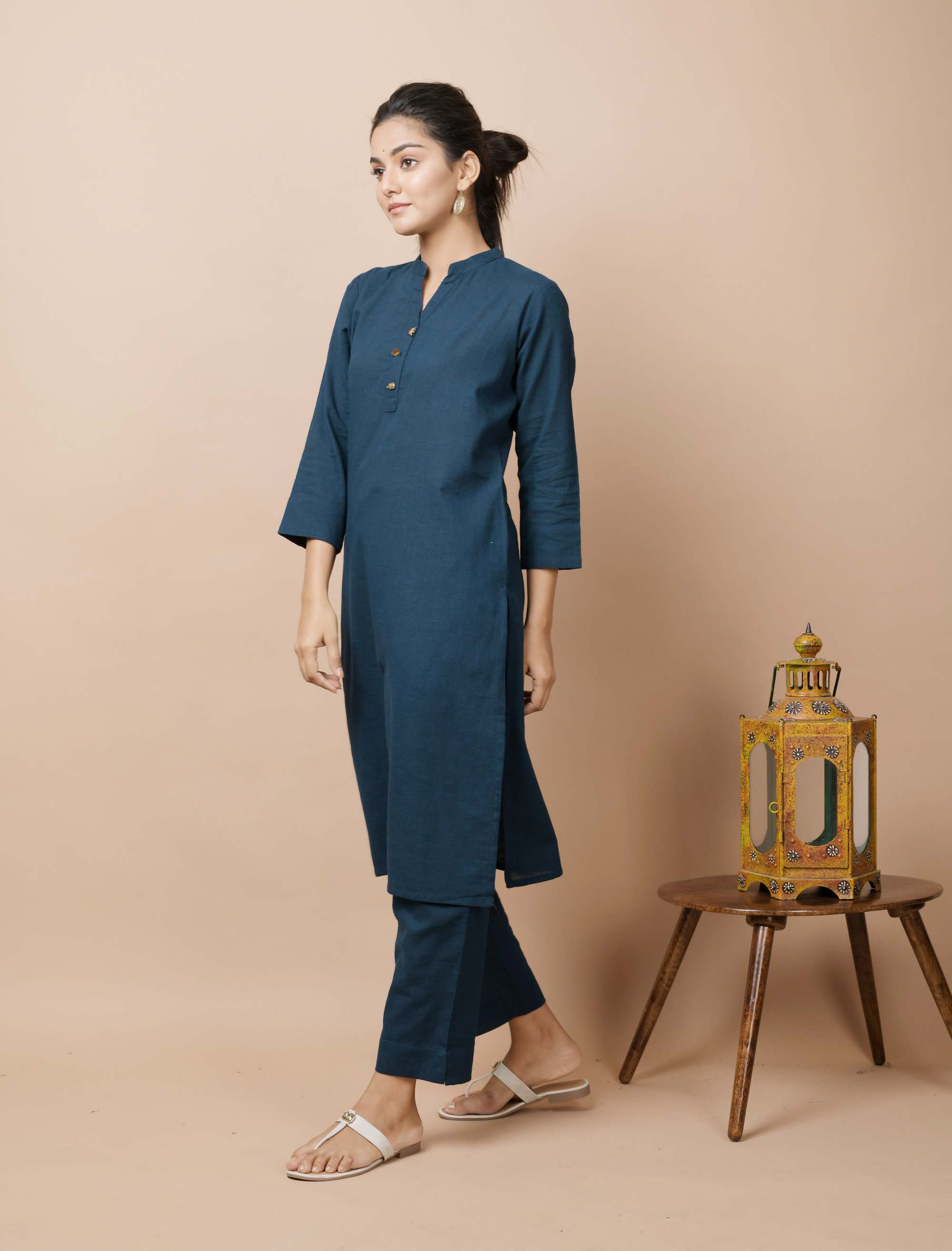 Kaajh Women's Navy Blue Solid Cotton Kurta Pant Set - Distacart