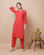Kaajh Women's Red Solid Cotton Kurta Pant Set - Distacart