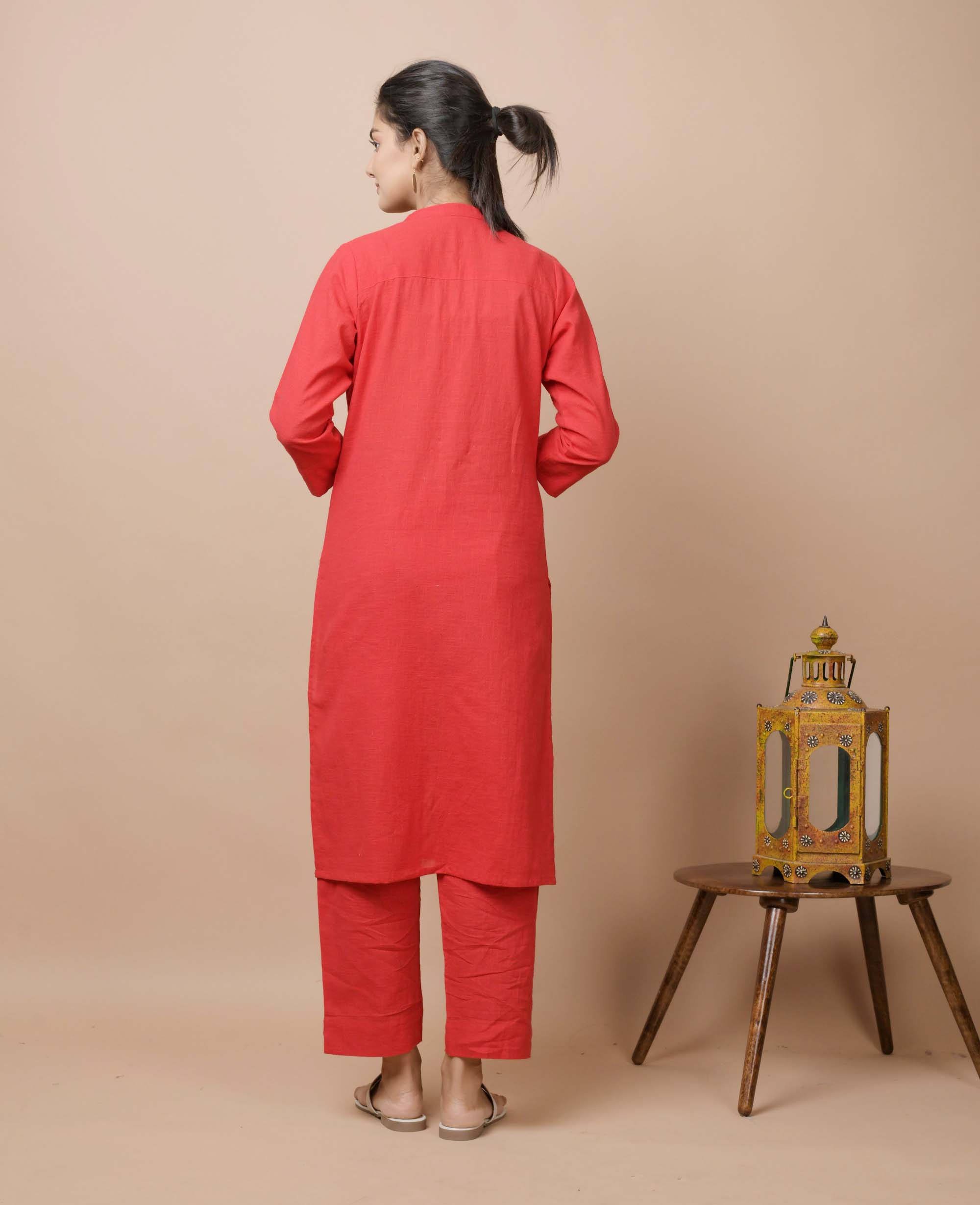 Kaajh Women's Red Solid Cotton Kurta Pant Set - Distacart