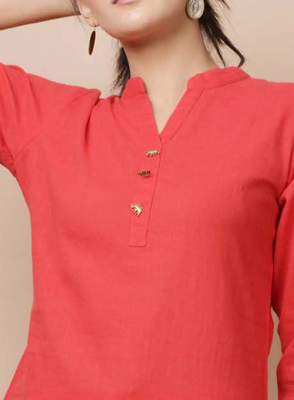 Kaajh Women's Red Solid Cotton Kurta Pant Set - Distacart