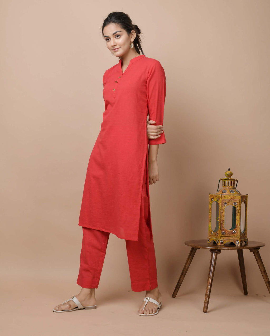 Kaajh Women's Red Solid Cotton Kurta Pant Set - Distacart