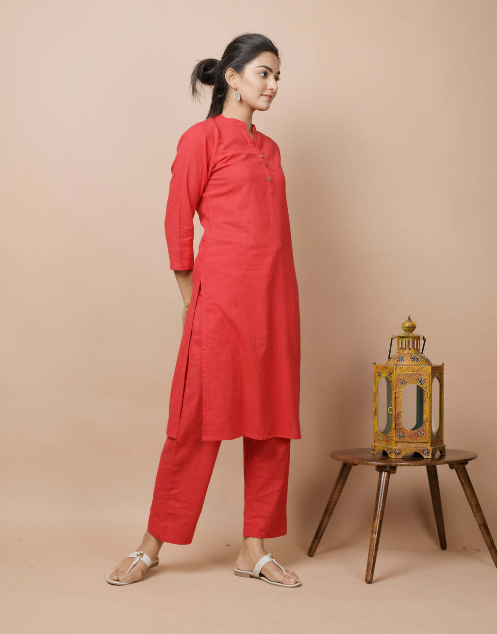 Kaajh Women's Red Solid Cotton Kurta Pant Set - Distacart