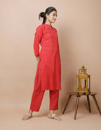 Kaajh Women's Red Solid Cotton Kurta Pant Set - Distacart