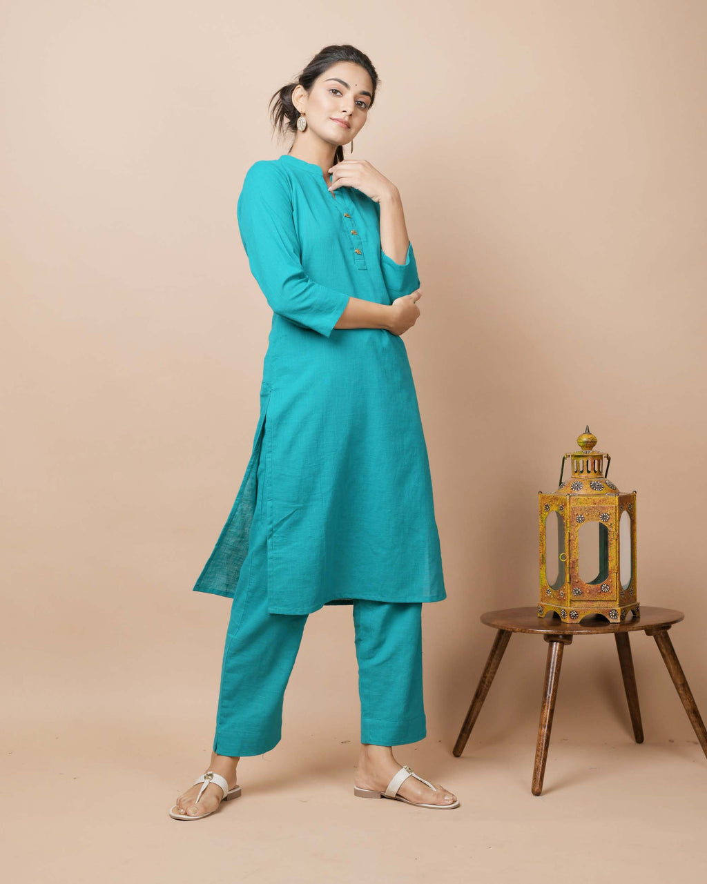 Kaajh Women's Teal Green Solid Cotton Kurta Pant Set - Distacart