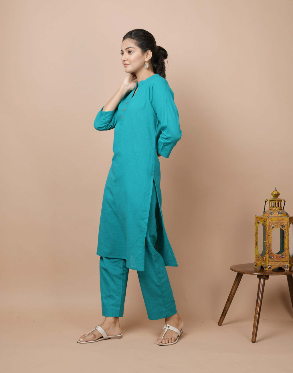 Kaajh Women's Teal Green Solid Cotton Kurta Pant Set - Distacart