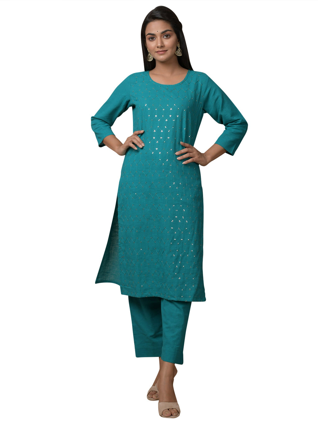 Kaajh Women's Green Solid Sequin Embellishment Kurta - Distacart