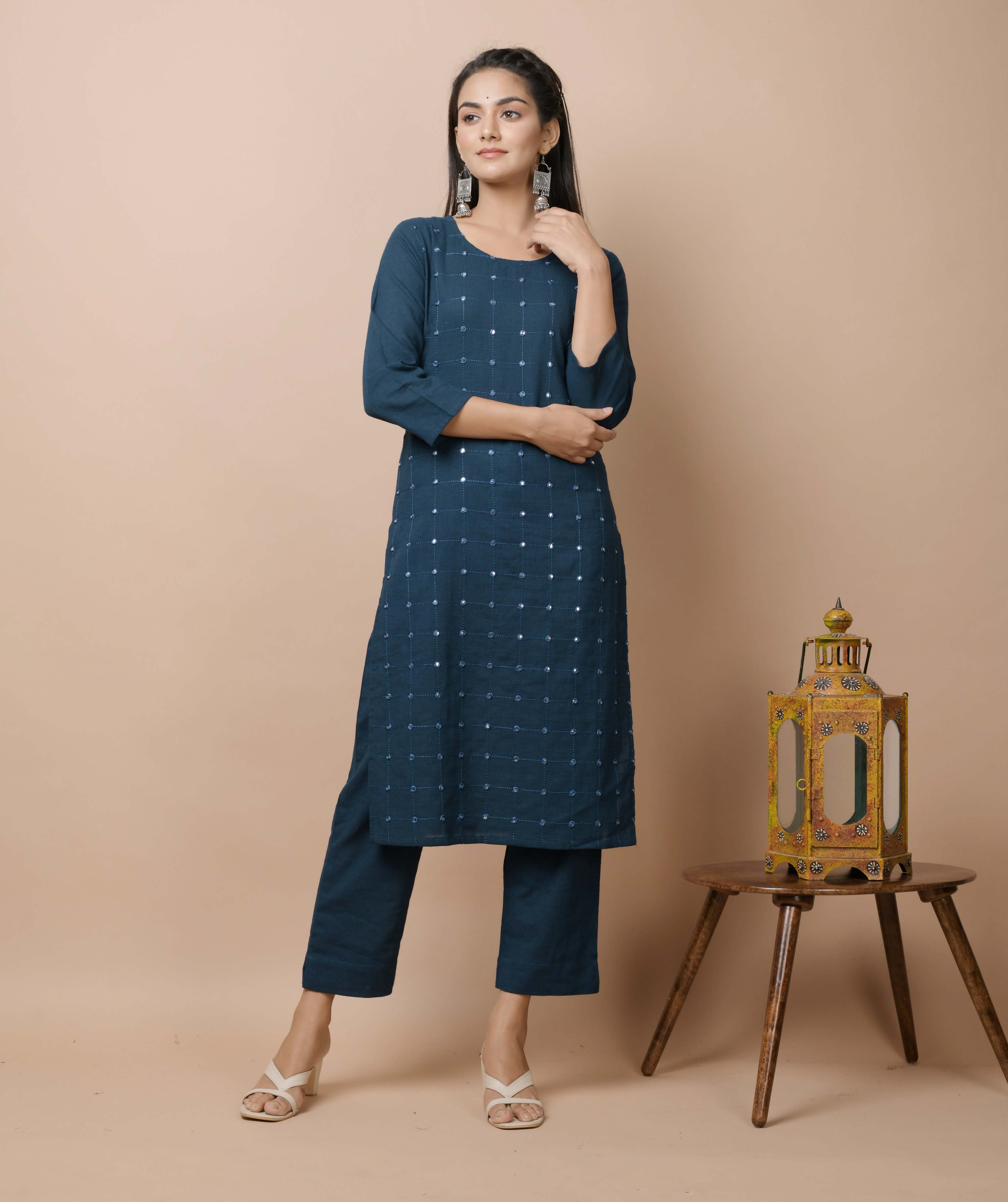 Kaajh Women's Navy Solid Mirror Embellished Kurta Pant Set - Distacart