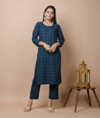 Kaajh Women's Navy Solid Mirror Embellished Kurta Pant Set - Distacart