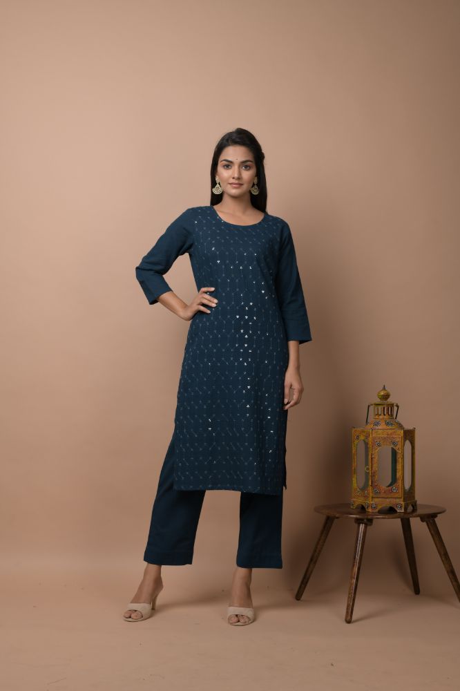 Kaajh Women's Navy Blue Solid Sequins Embellished Kurta Pant Set - Distacart