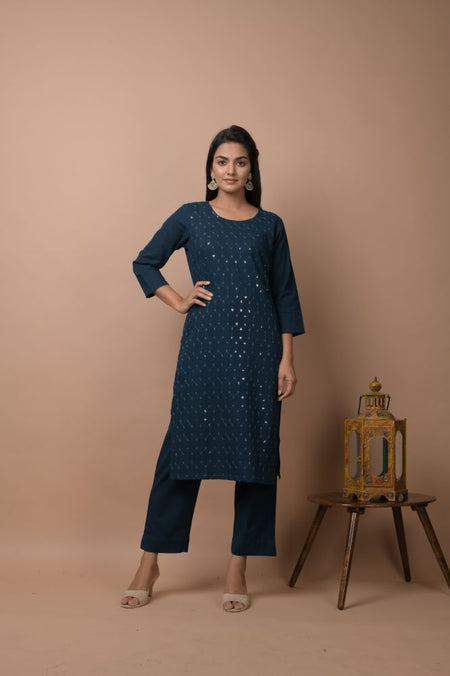 Kaajh Women's Navy Blue Solid Sequins Embellished Kurta Pant Set