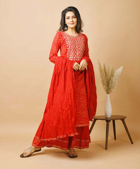 Kaajh Women's Red Bandhej Print Suit Set