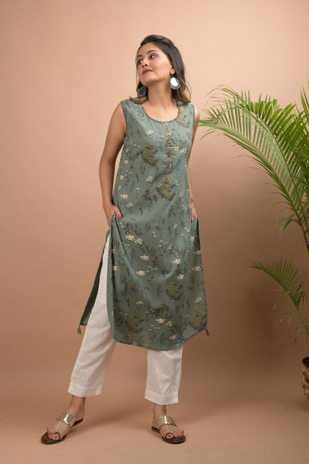 Kaajh Women's Green Sleeveless Printed Kurta Pant Set