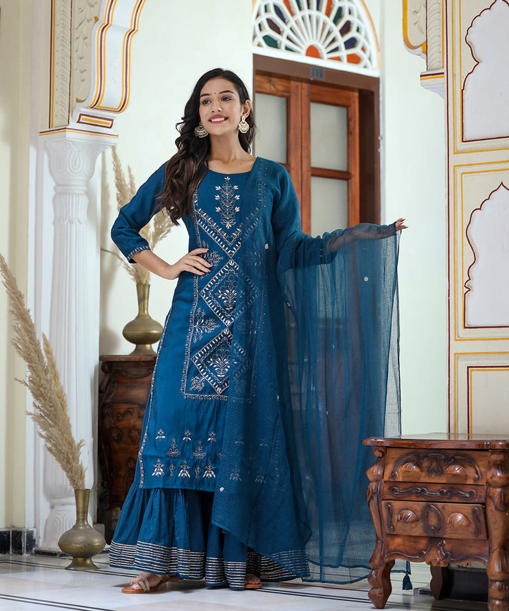 Kaajh Women's Navy Blue Embroidered Silk Kurta Sharara Set With Kota Doria Dupatta - Distacart