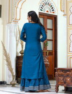 Kaajh Women's Navy Blue Embroidered Silk Kurta Sharara Set With Kota Doria Dupatta - Distacart