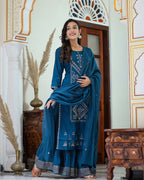 Kaajh Women's Navy Blue Embroidered Silk Kurta Sharara Set With Kota Doria Dupatta - Distacart