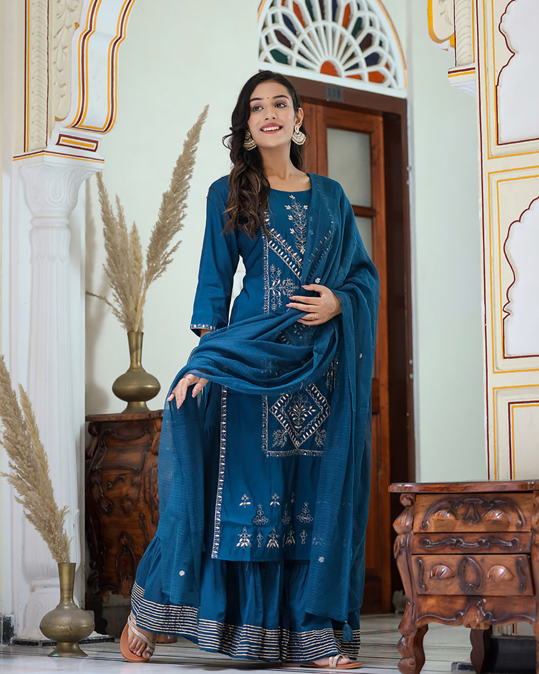 Kaajh Women's Navy Blue Embroidered Silk Kurta Sharara Set With Kota Doria Dupatta - Distacart