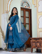 Kaajh Women's Navy Blue Embroidered Silk Kurta Sharara Set With Kota Doria Dupatta - Distacart
