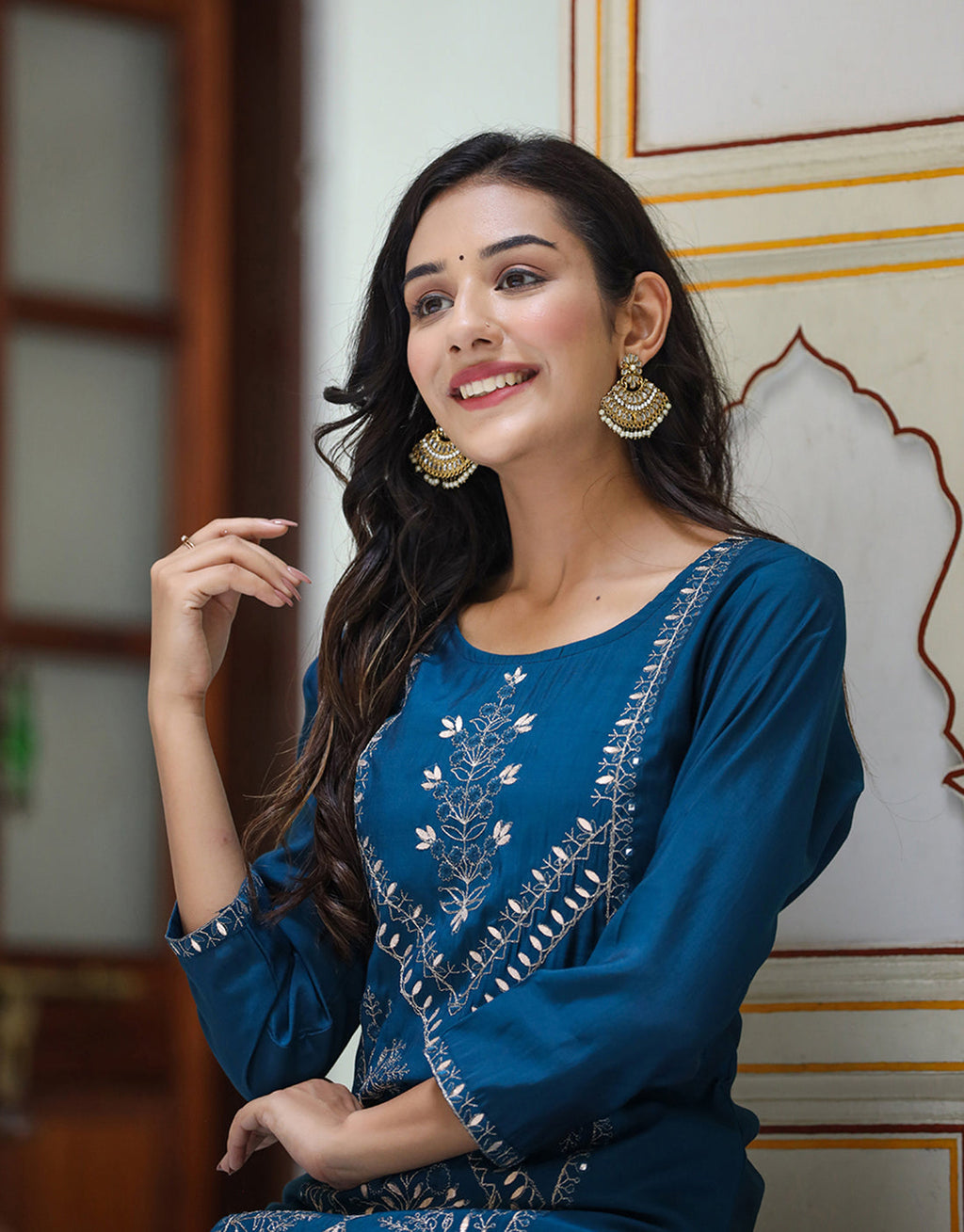 Kaajh Women's Navy Blue Embroidered Silk Kurta Sharara Set With Kota Doria Dupatta - Distacart