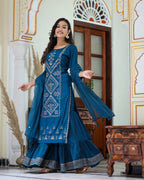 Kaajh Women's Navy Blue Embroidered Silk Kurta Sharara Set With Kota Doria Dupatta - Distacart