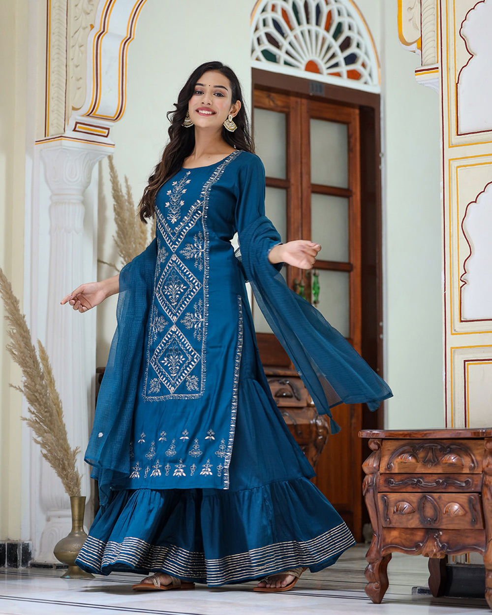 Kaajh Women's Navy Blue Embroidered Silk Kurta Sharara Set With Kota Doria Dupatta - Distacart