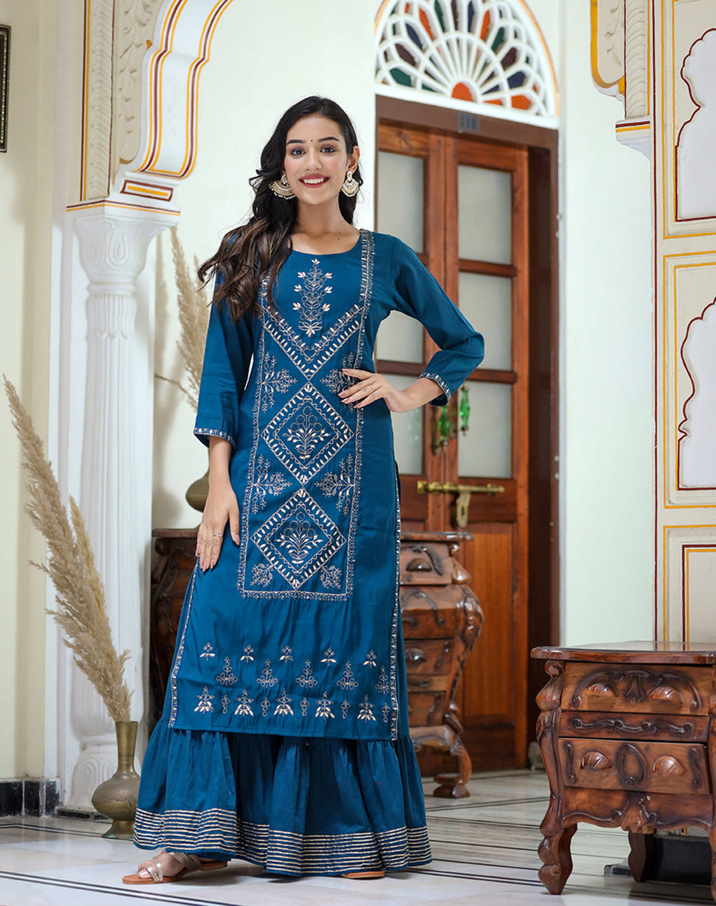 Kaajh Women's Navy Blue Embroidered Silk Kurta Sharara Set With Kota Doria Dupatta - Distacart