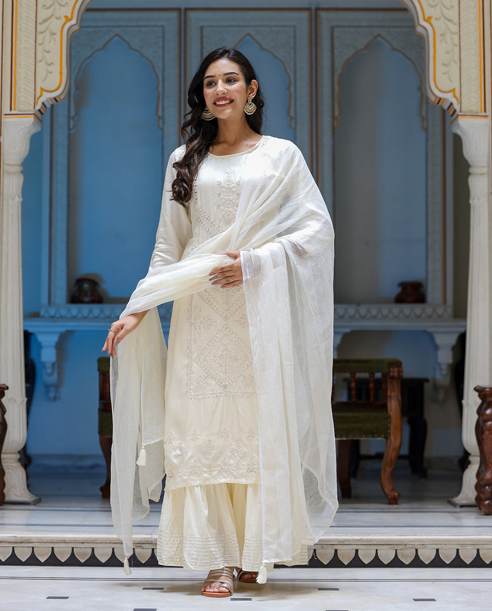 Kaajh Women's Off White EmbroideOff White Silk Kurta Sharara Set With Kota Doria Dupatta - Distacart