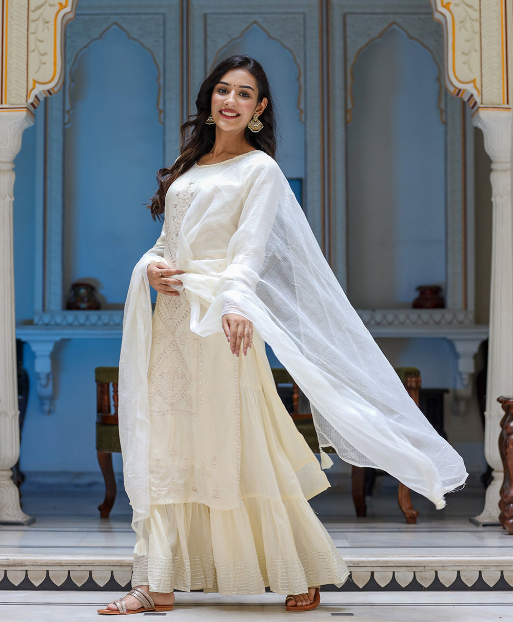 Kaajh Women's Off White EmbroideOff White Silk Kurta Sharara Set With Kota Doria Dupatta - Distacart