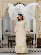 Kaajh Women's Off White EmbroideOff White Silk Kurta Sharara Set With Kota Doria Dupatta - Distacart