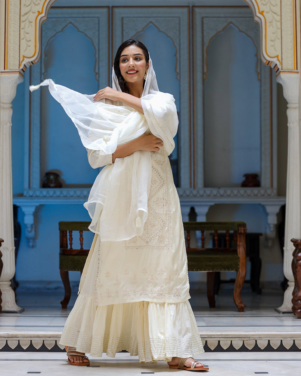 Kaajh Women's Off White EmbroideOff White Silk Kurta Sharara Set With Kota Doria Dupatta - Distacart