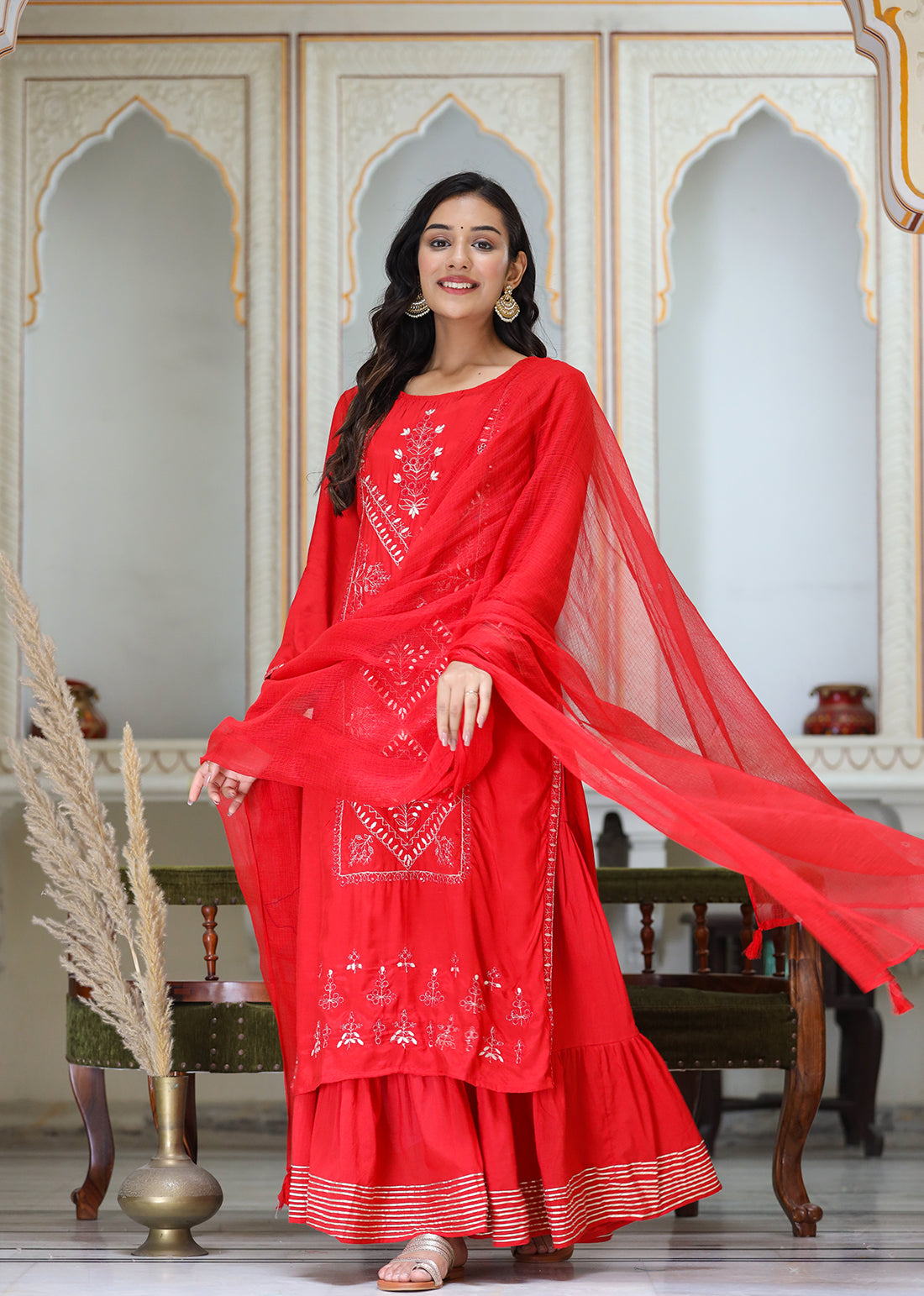 Kaajh Women's Red Embroidered Silk Kurta Sharara Set With Kota Doria Dupatta - Distacart