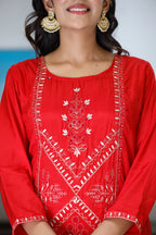 Kaajh Women's Red Embroidered Silk Kurta Sharara Set With Kota Doria Dupatta - Distacart
